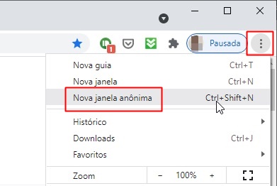 A localização do modo anônimo no PC.