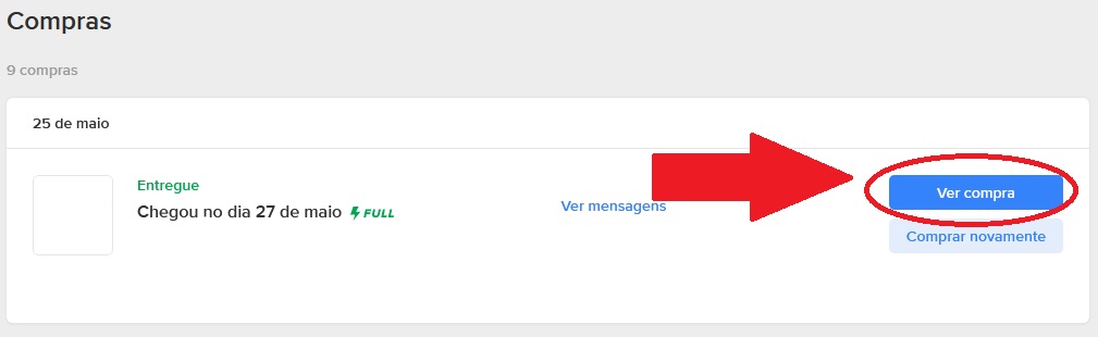 Selecione a compra na qual você deseja abrir a reclamação e clique no botão