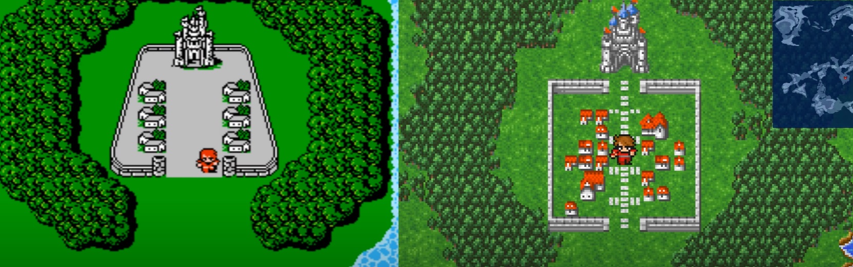 Os campos de Cornelia no jogo original de NES (esquerda) e na nova versão de PC (direita)