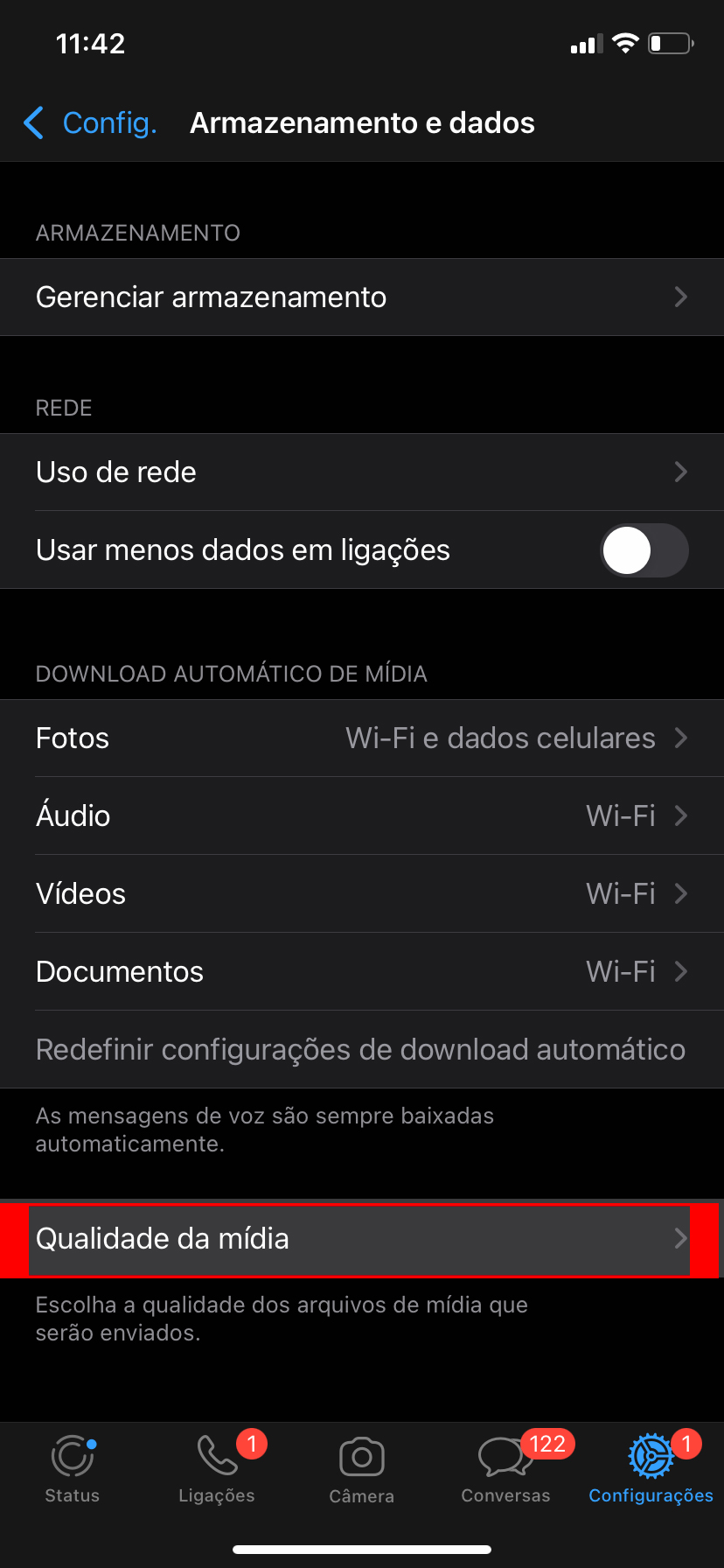 No menu 'Armazenamento e dados', selecione a opção 'Qualidade de mídia' (Fonte: TecMundo)