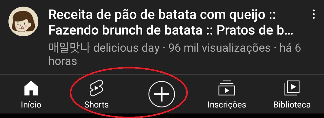 Atalho para montagem de shorts na página inicial do aplicativo; o usuário também pode apertar no botão "Shorts" para assistir publicações recentes