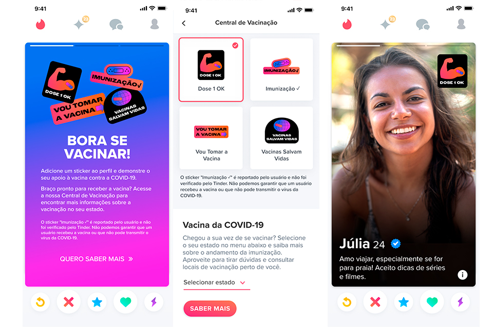 Tinder anuncia recursos de incentivo à vacinação contra covid-19
