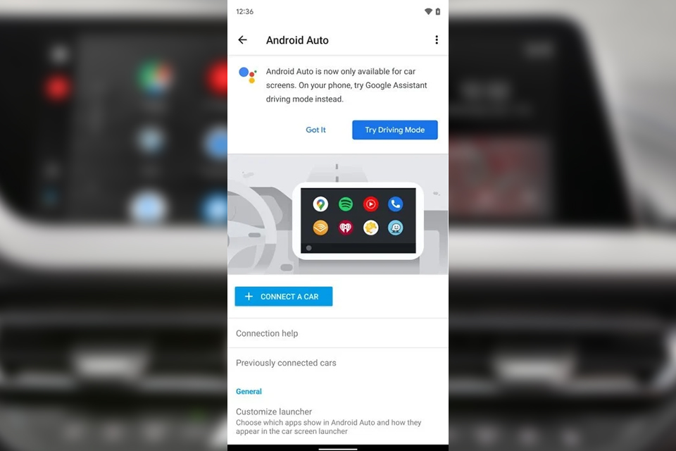Tela informando que o Android Auto não estará mais disponível para "telas de celular". (Fonte: 9to5 Google / Reprodução)