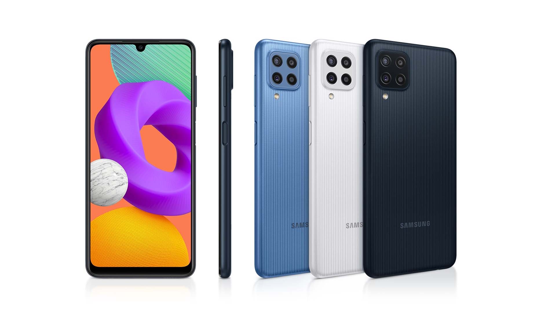 Galaxy M22 está disponível nas cores: azul, branco, preto.