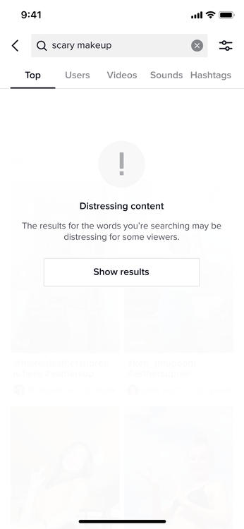 Exemplo do alerta que o usuário verá na pesquisa no TikTok.