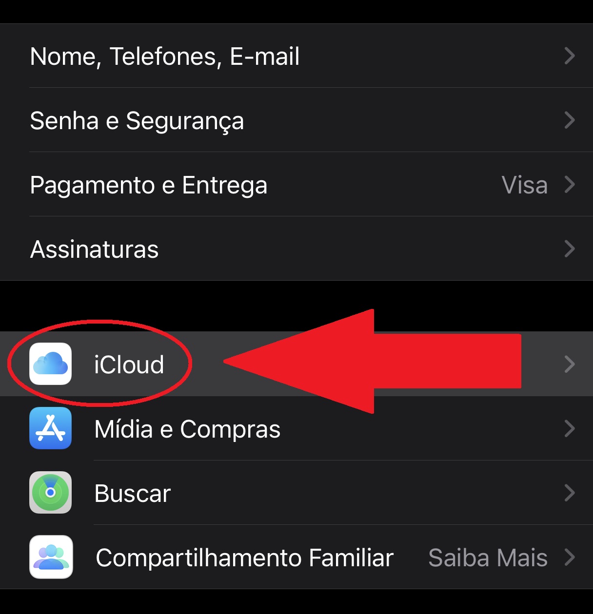 Aperte em iCloud para ver as informações sobre backups
