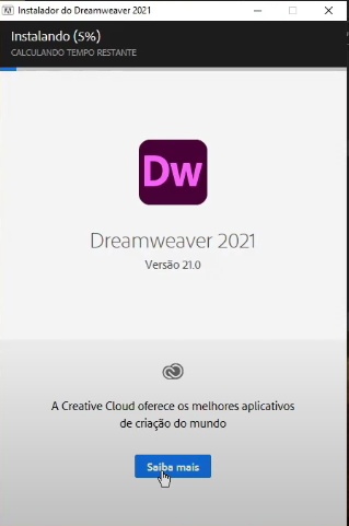 Tela de instalação do Dreamweaver