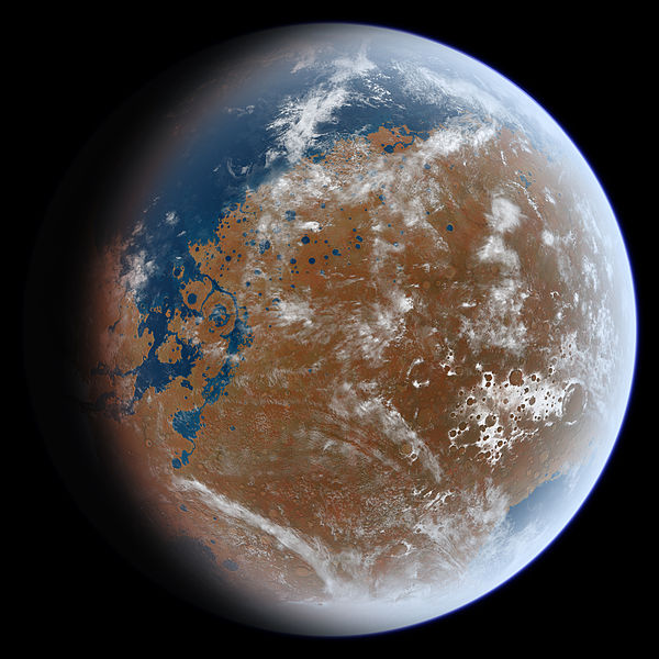 Representação artística de Marte com oceanos e lagos no passado geológico