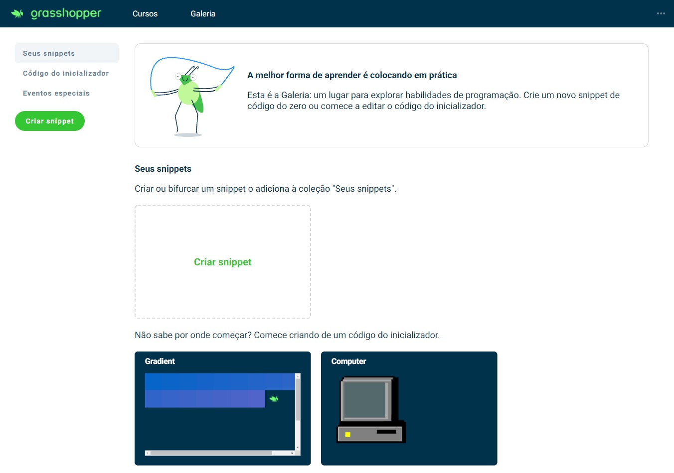 A área Snippets traz uma galeria com projetos de outros estudantes do sistema de ensino