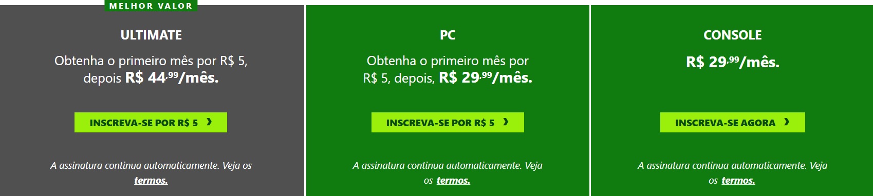 O Xbox Game Pass pode ser assinado em diferentes planos, pelos valores acima