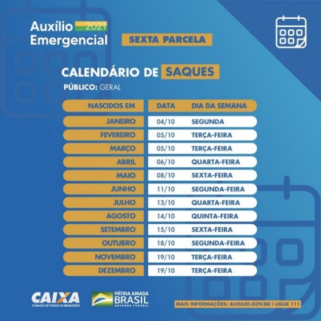 Datas para saques do Auxílio referentes ao público em geral.