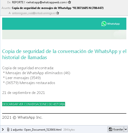 Imagem do e-mail falso que simula ser uma comunicação do WhatsApp.