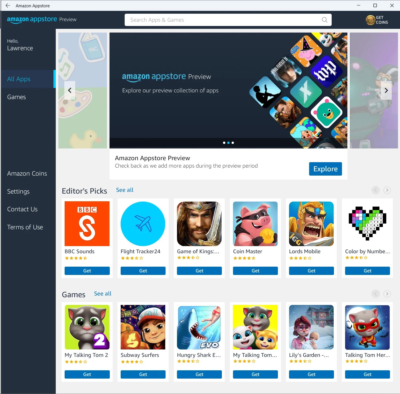 Amazon Appstore preview with sample apps