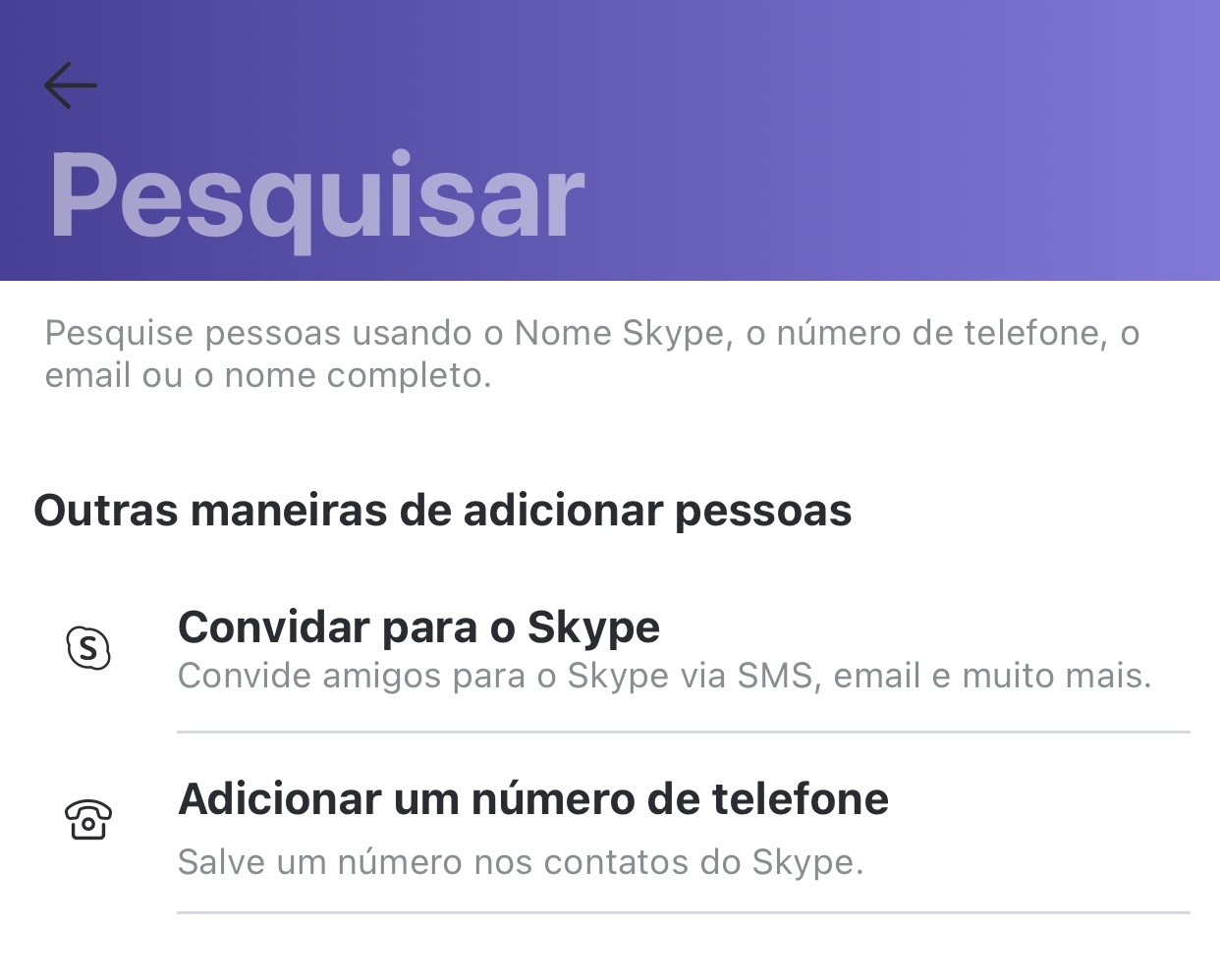 Telas de contatos do skype para iphone