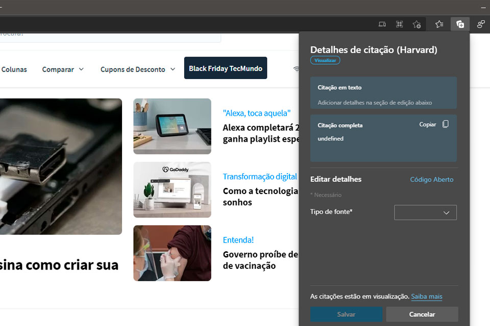 Microsoft Edge testa ferramenta que monta citações acadêmicas