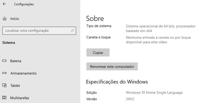 É possível saber qual a versão do Windows em uso atualmente nas configurações do sistema.