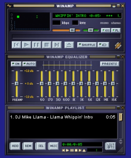 A interface clássica do Winamp, com direito a um equalizador.