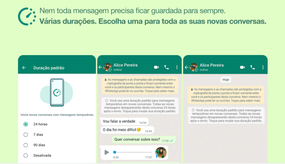 Com o recurso ativado, todas as conversas iniciadas por você ou outras pessoas estão configuradas para desaparecer