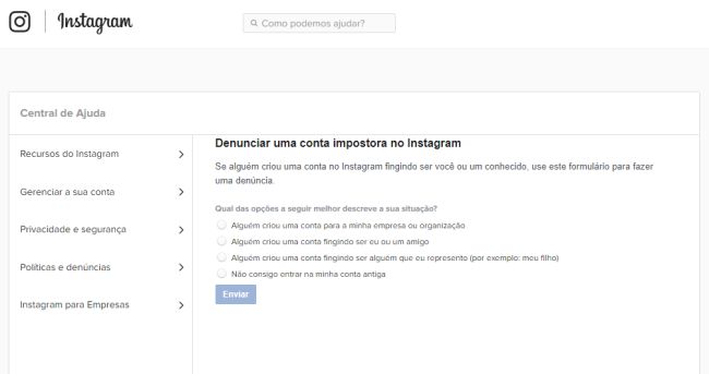 Formulário para denunciar conta hackeada no Instagram.