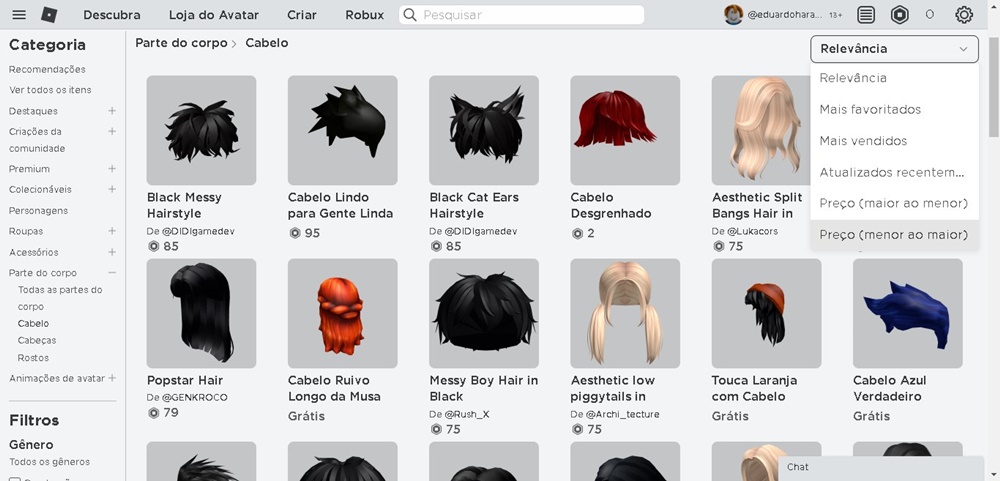 To view the free items first, you need to change the order in which the items appear by choosing the cheapest ones first.  (Source: RobloxSite/Reproduction)