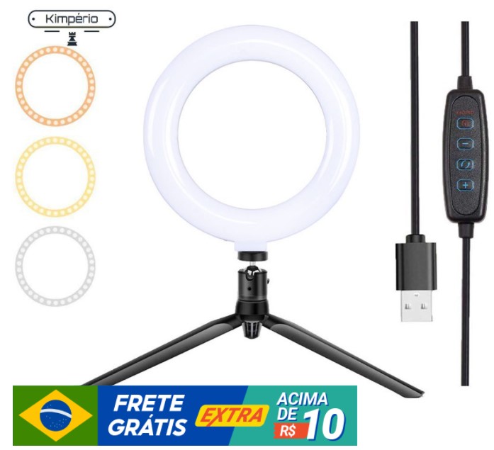 Imagem: Ring Light de 6 Polegadas, LED, com Tripé