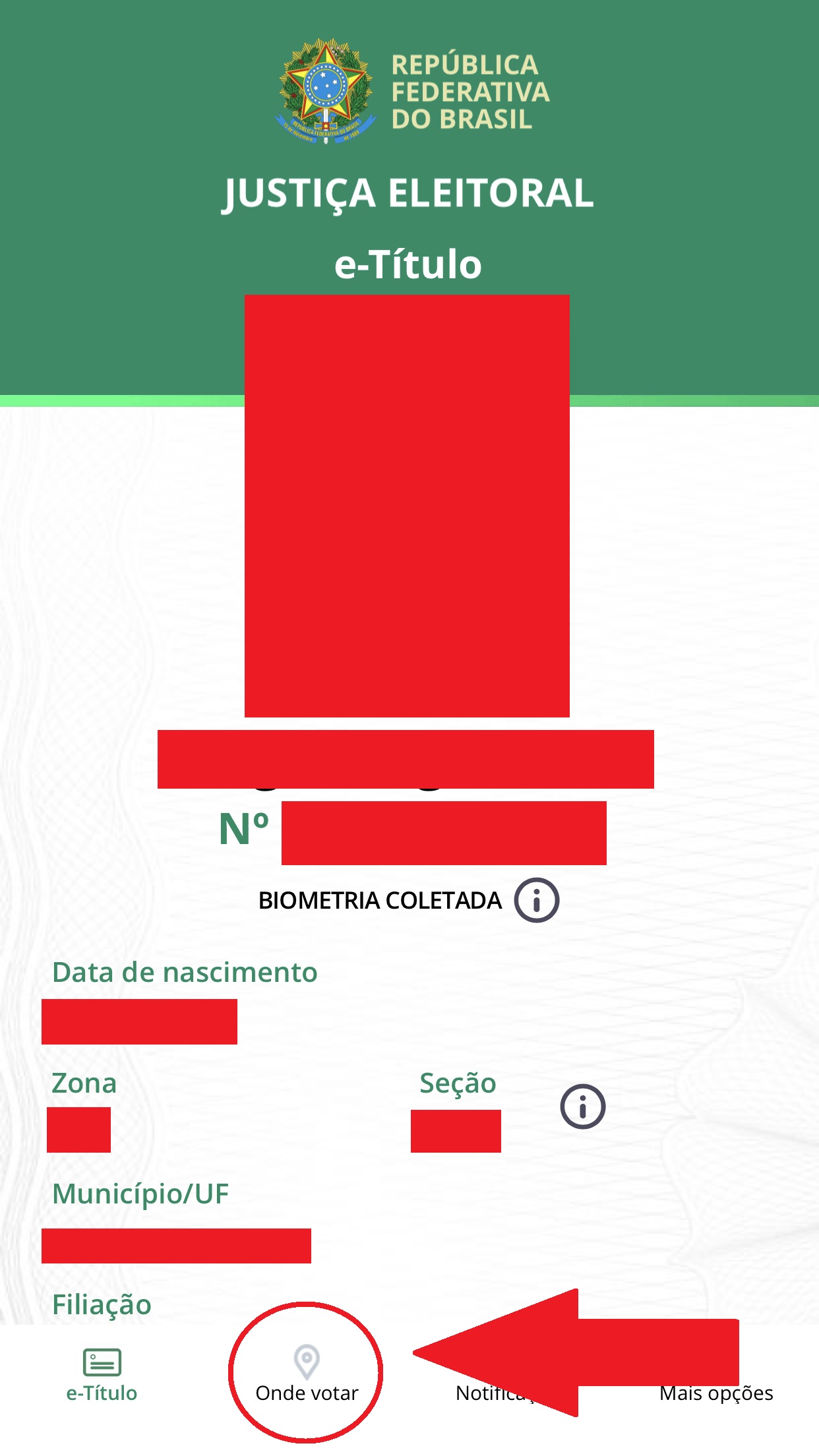Na parte inferior da tela, na aba Onde votar, você encontrar as informações sobre o local de votação
