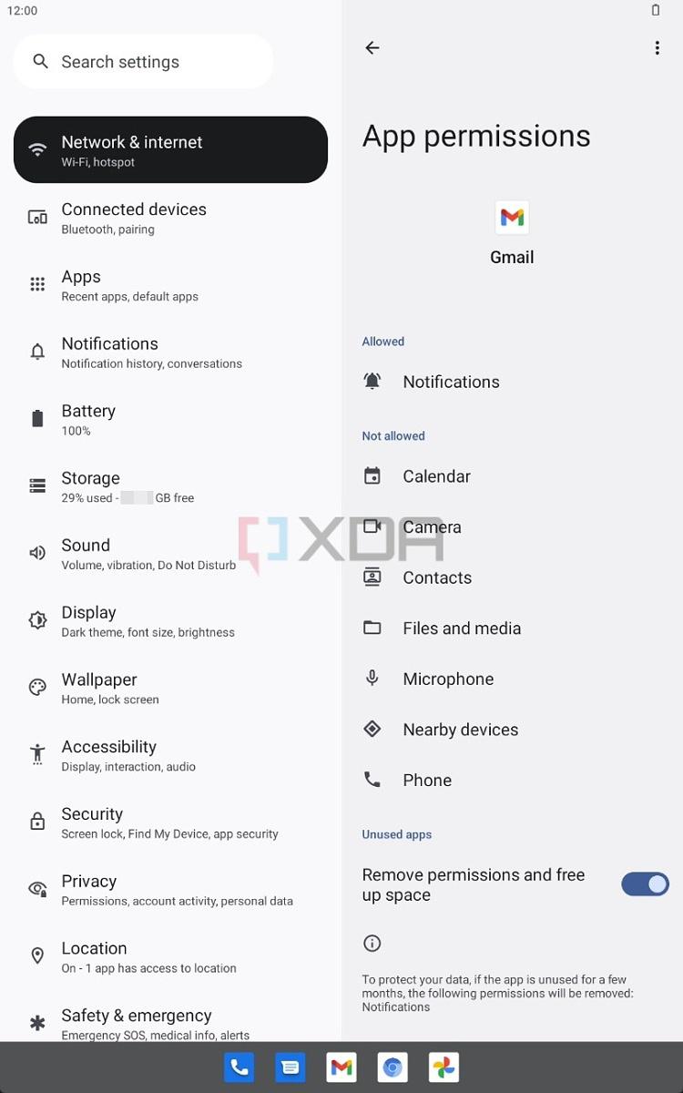 Captura de tela da configuração de permissões do app Gmail