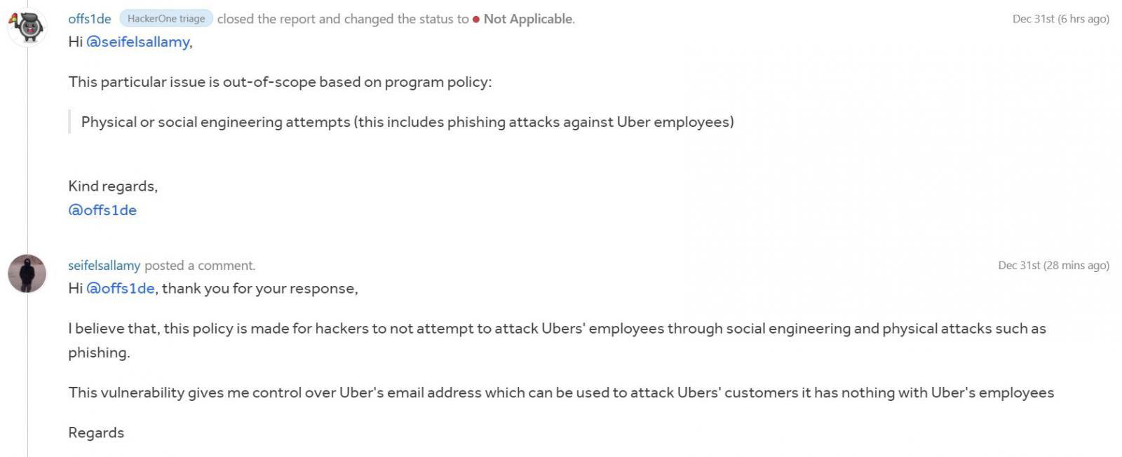 Uber response to attempt to report the problem