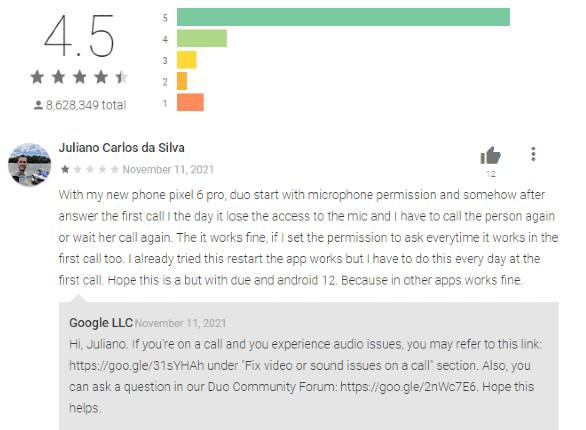 Reporte do erro na parte de reviews do Google Duo na Google Play