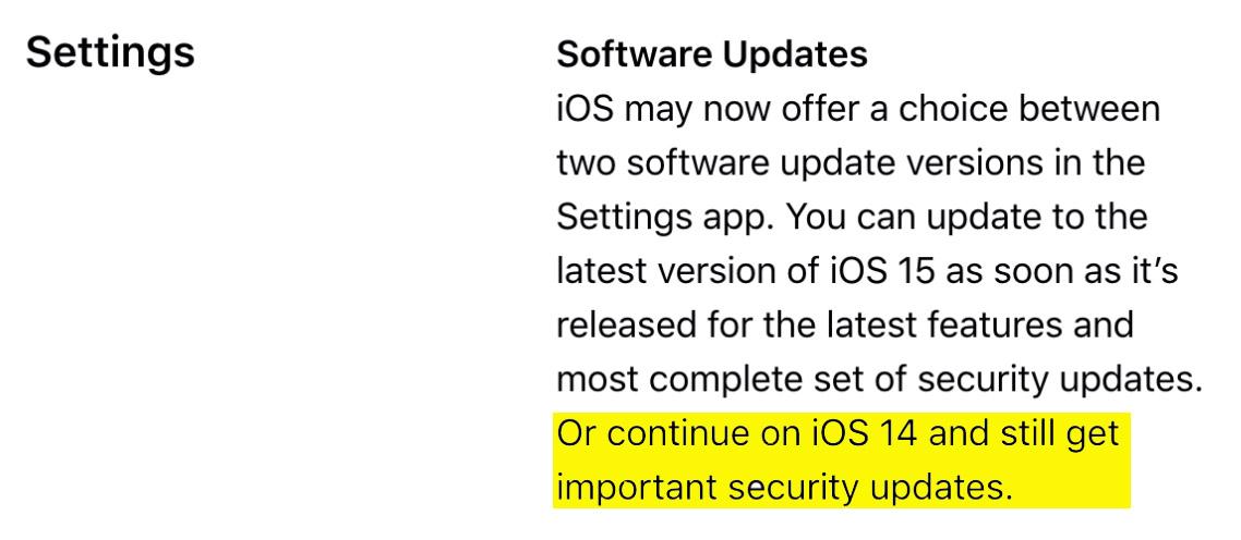 Página do iOS 15 promete continuação das atualizações de segurança no iOS 14. (Fonte: Apple/captura de tela/Reprodução.)