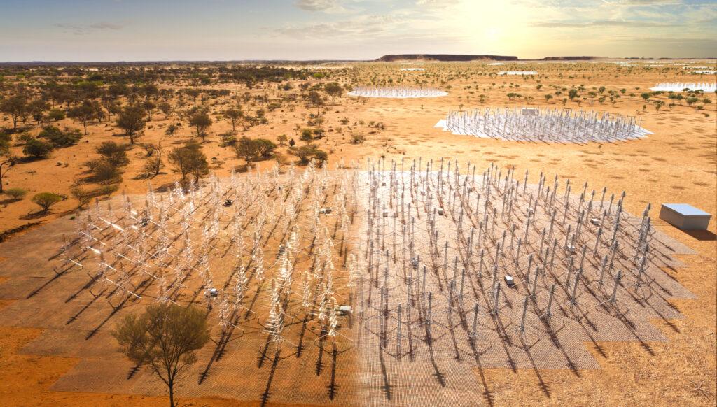 Telescópio MWA na Austrália Ocidental (à esquerda) e projetos futuros de expansão da instalação (à direita) (Fonte: ICRAR/SKAO)