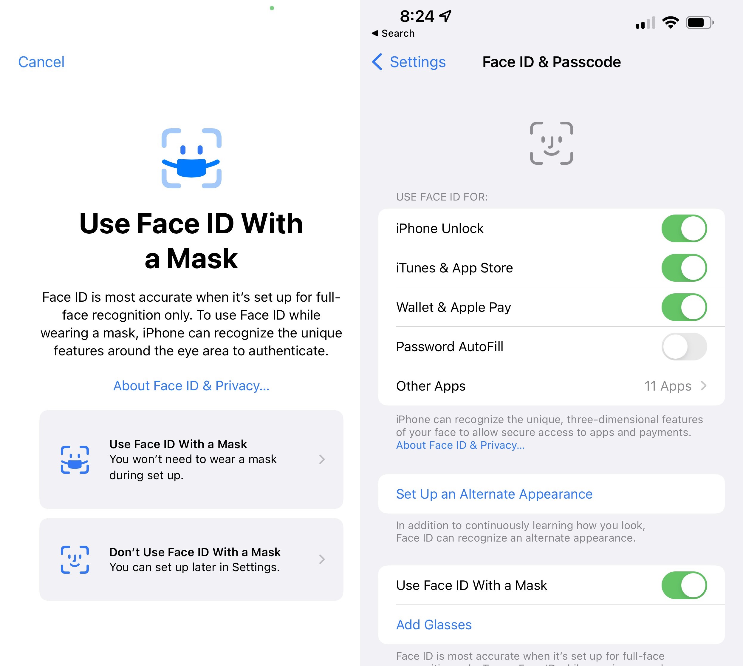 Desbloqueo de iPhone a través de Face ID con máscara no iOS 15.4