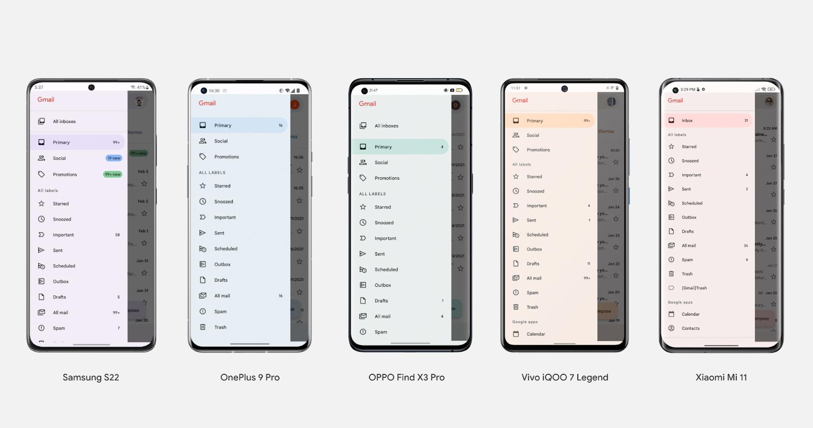 Gmail com diferentes temas baseado em um papel de parede em diferentes smartphones