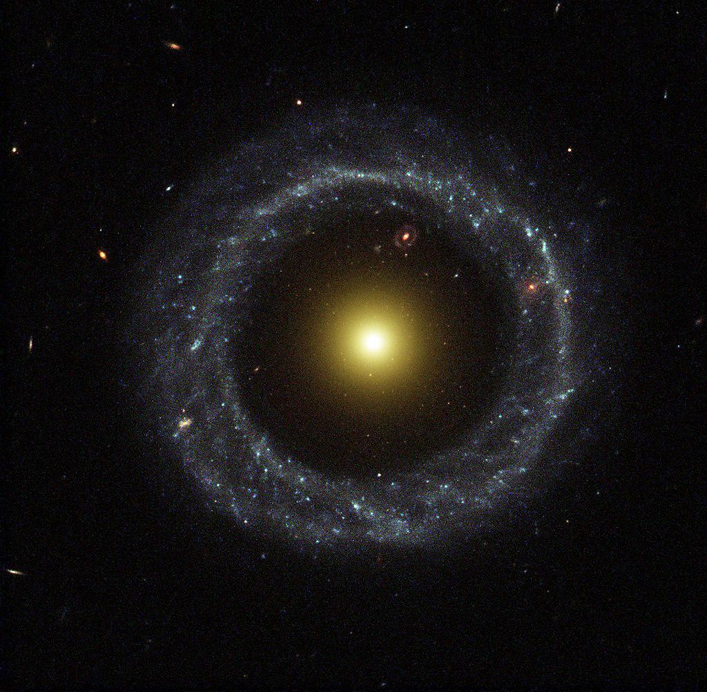 An irregular, ring-shaped galaxy called the Hoag Object (Source: Wikimedia Commons/NASA)