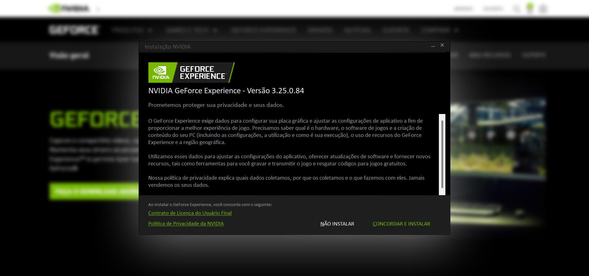 Tela de termos de uso do GeForce Experience. (Fonte: Nvidia, Adriano Camacho)