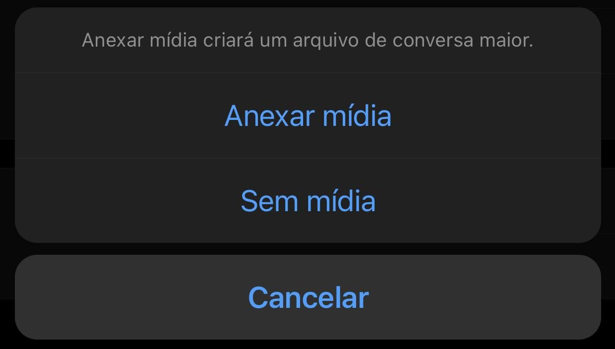 É possível escolher entre enviar o histórico do WhatsApp com ou sem as mídias trocadas com seu contato. (Fonte: Baixaki/Reprodução)