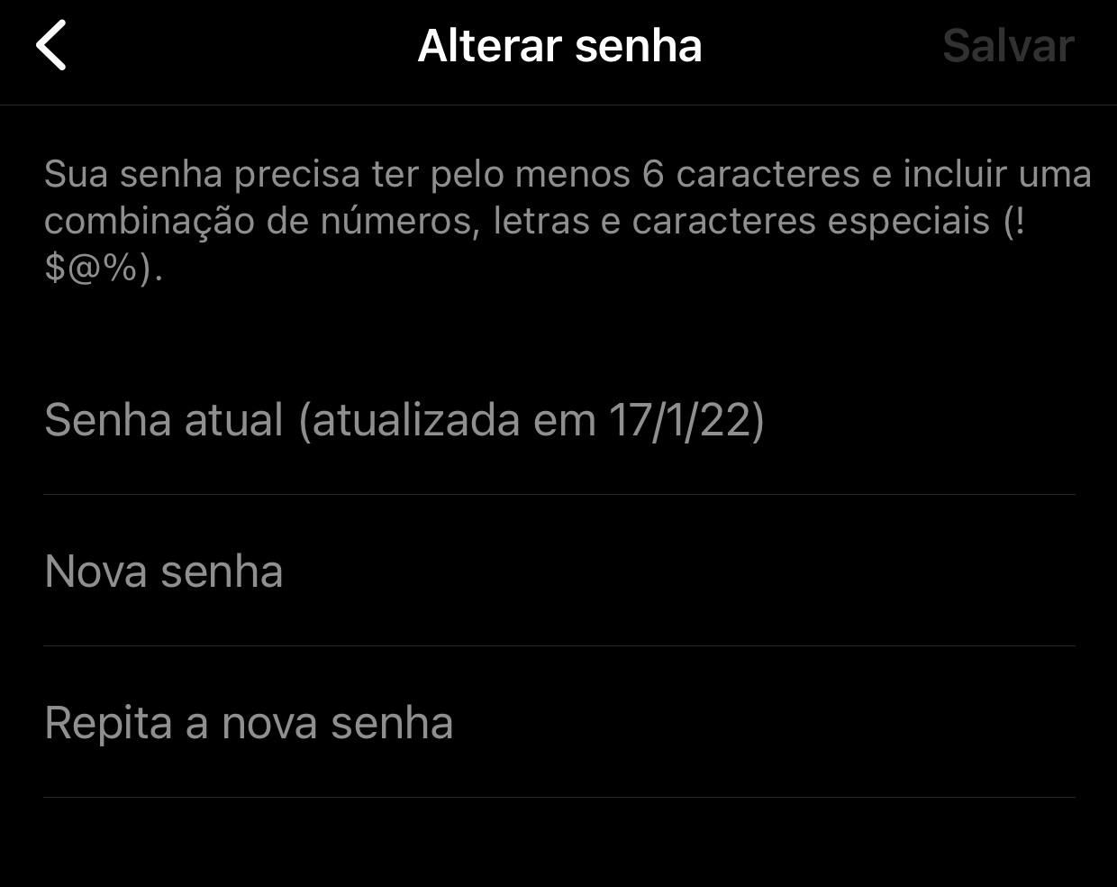 No primeiro campo, no qual a senha atual deverá ser informada, é possível ver a data da última alteração. (Fonte: Baixaki/Reprodução)