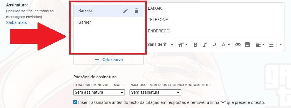 Todas as suas assinaturas ficam na primeira coluna da esquerda, em que é possível escolher qual será utilizada. (Fonte: Baixaki/Reprodução)