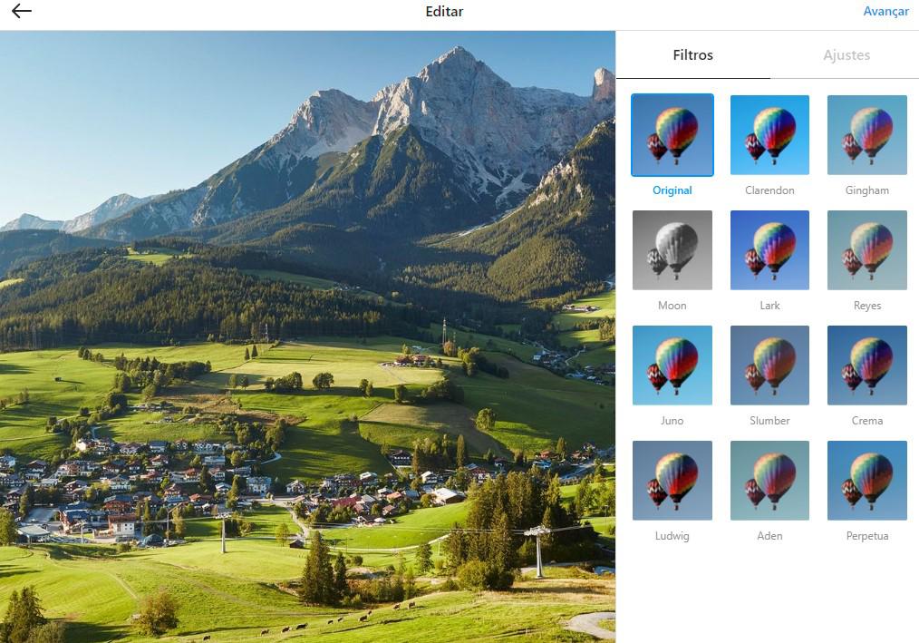A versão web também conta com os famosos filtros do Instagram. A versão web também conta com os famosos filtros do Instagram.