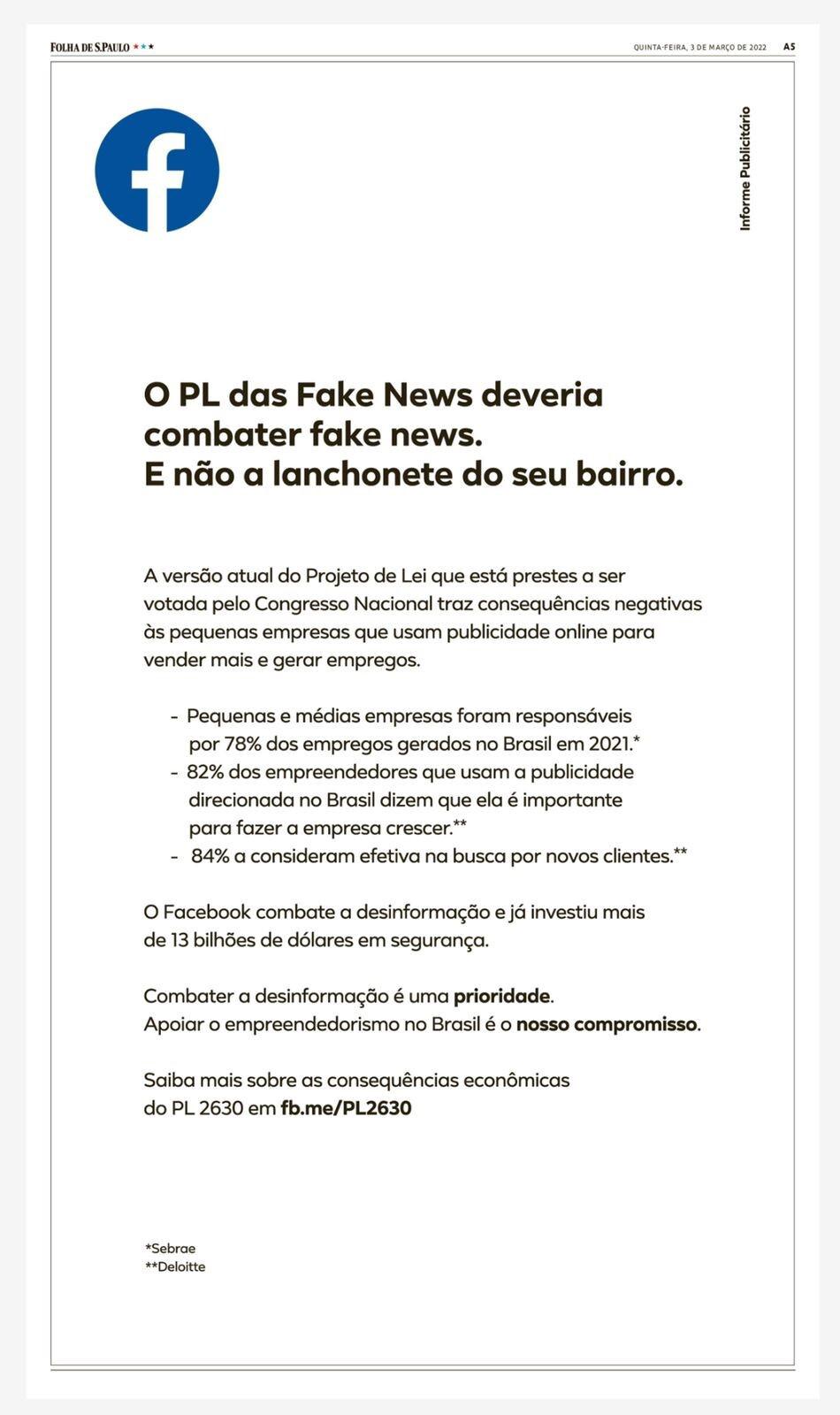 O anúncio do Facebook na Folha de São Paulo.