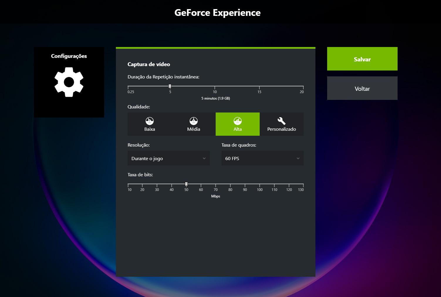 Video Capture Configuration Panel (Source: GeForce Experience/Playback)
