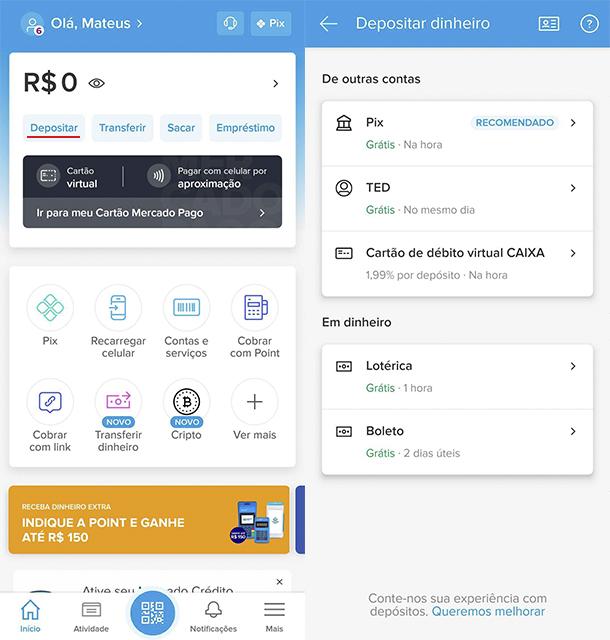 Opções para realizar depósito na carteira (Fonte: Mercado Pago/Reprodução)