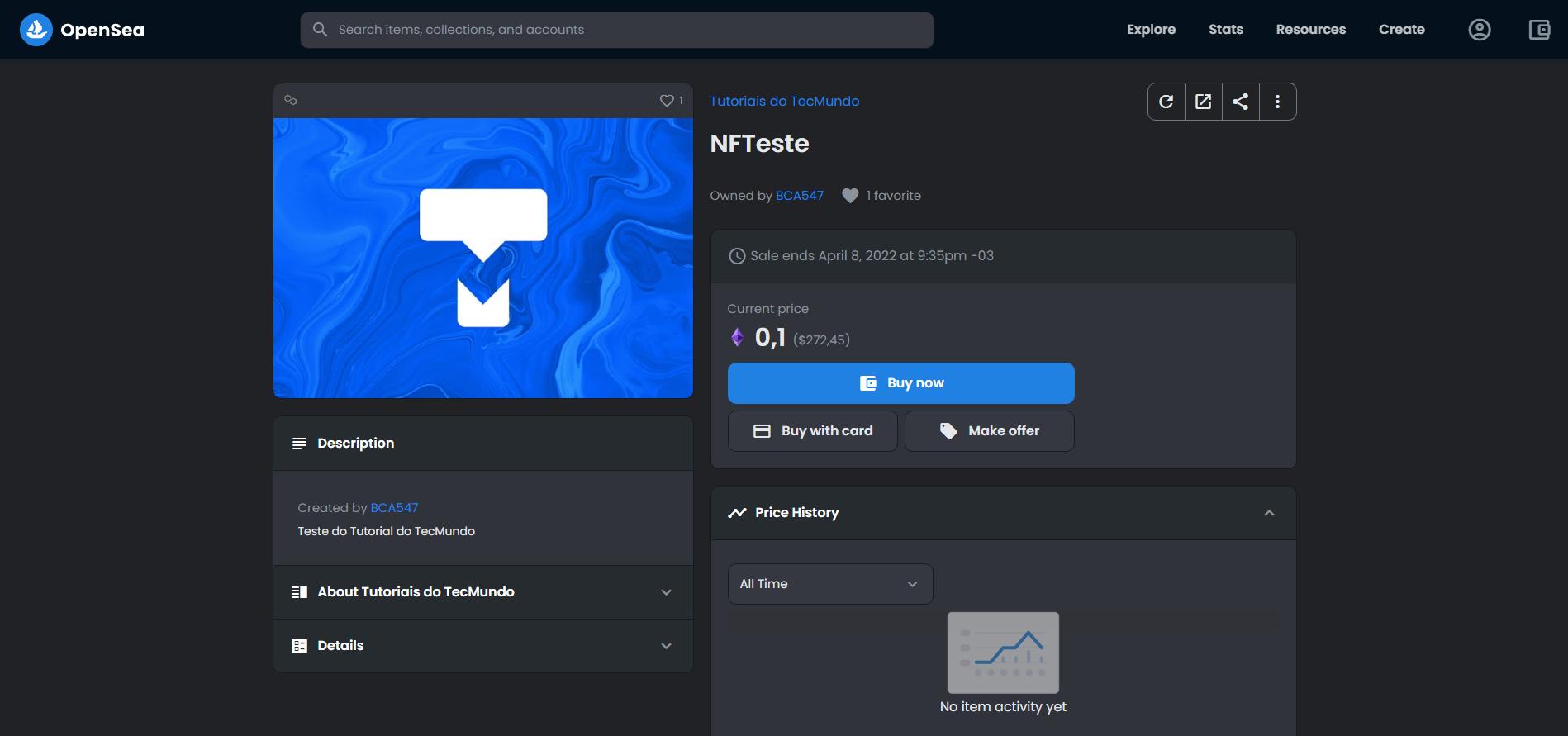 The NFT test is listed on OpenSea. 