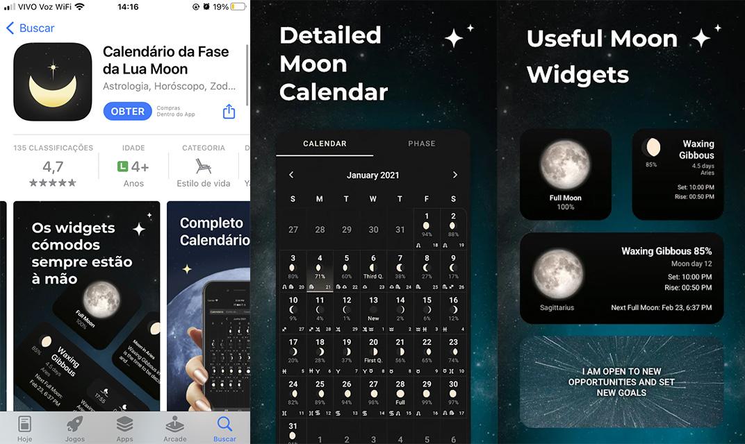 With a more mystical feel, the app brings horoscopes and practices for each phase of the moon (Source: Moon Phase Calendar — MoonX/Reproduction)
