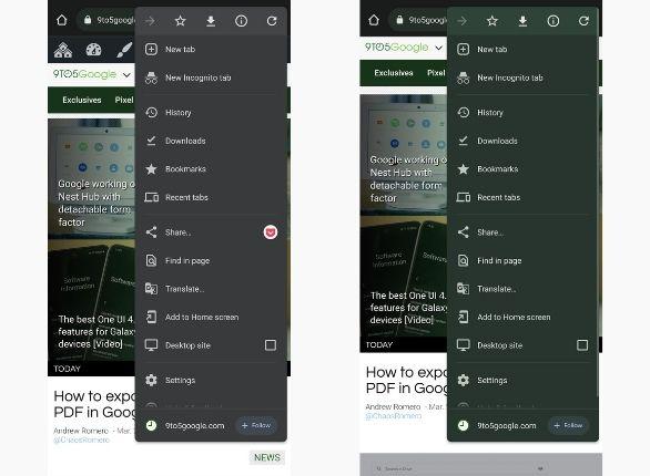Comparação entre menus antigo e novo do Chrome no Android