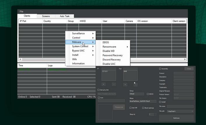 O painel de configuração que "monta" as ameaças de um payload do Borat antes de agir no PC da vítima