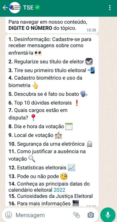 O novo assistente virtual do TSE no mensageiro já está funcionando.