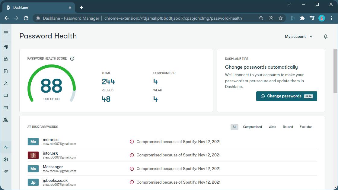 Dashlane identifies when your password was compromised and which program was responsible for the leak