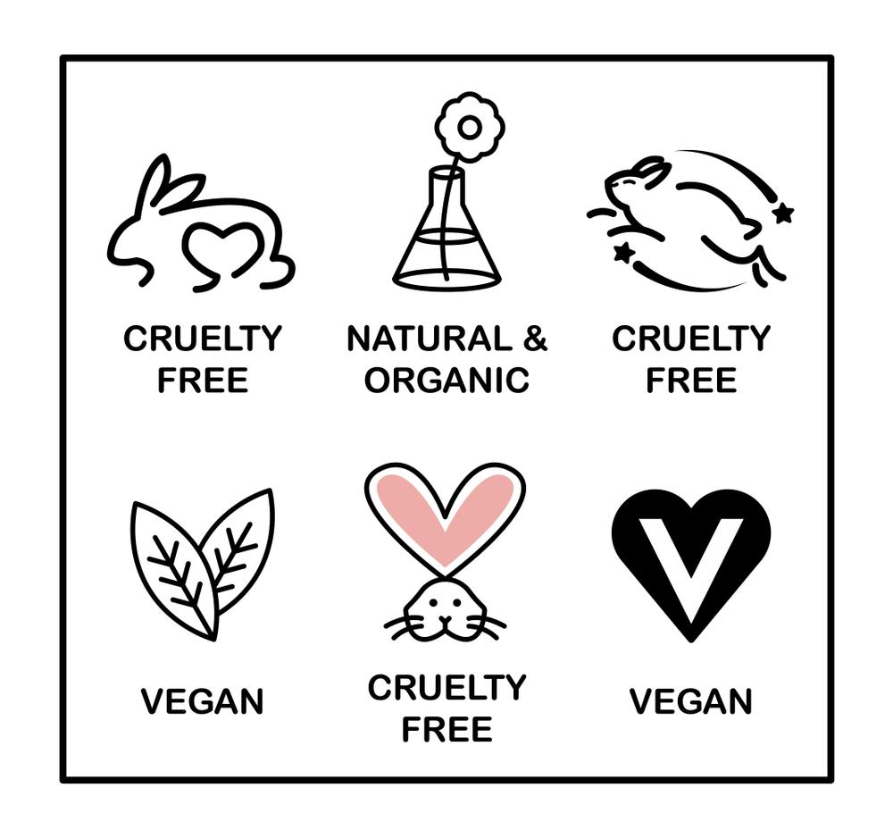 Selos que comprovam que as marcas não realizam testes em animais, ou que não tenham nenhum produto de origem animal em suas formulações