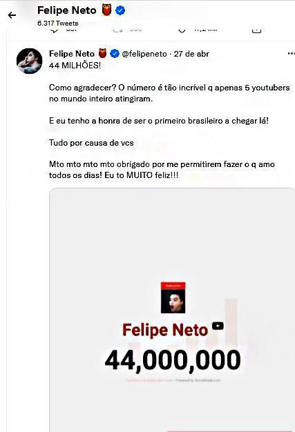 Fonte: Felipe Neto/Twitter/Reprodução.